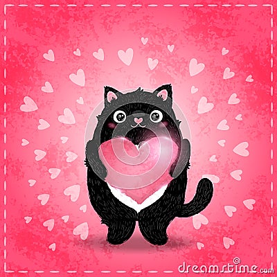 Happy Valentines day card with cat and heart Vector Illustration