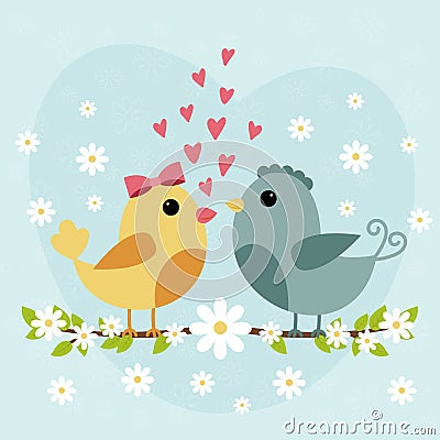 Happy Valentines Day card with cute bird couple Vector Illustration