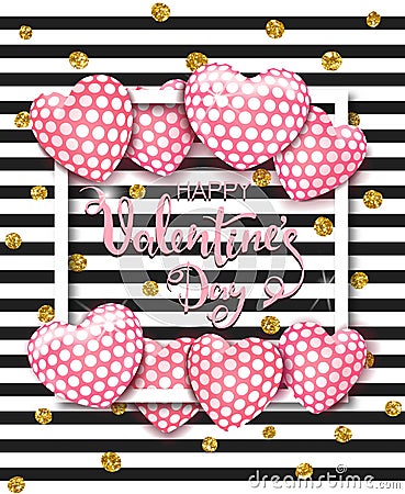 Happy Valentines day card with cute pink heart balloons. Template for background, poster, advertising, sale, postcard Vector Illustration