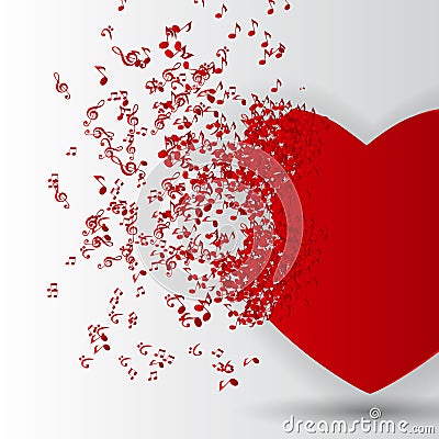 Happy Valentines Day Card with Heart, Music Notes. Vector Illustration