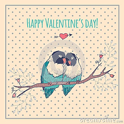 Happy Valentines day card with love birds and Vector Illustration