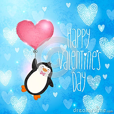 Happy Valentines Day card with penguin Vector Illustration