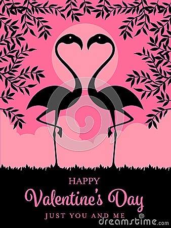 Happy Valentines day card template with Silhouette flamingos and branch on pink background vector design Vector Illustration