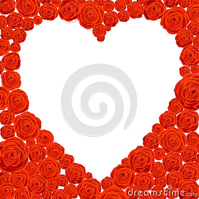 Happy Valentines Day Card. White Heart Shape on Rose Flowers Background. Vector Illustration