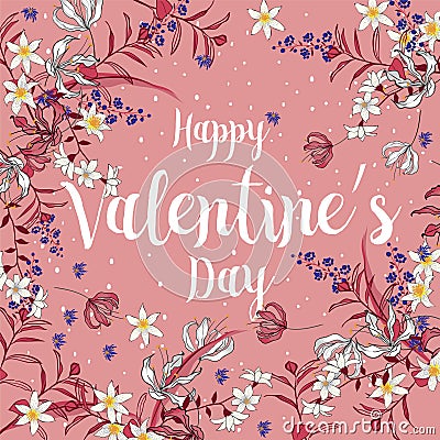 Happy Valentines day cards with ornaments, hearts, frame. typography vector flower Stock Photo