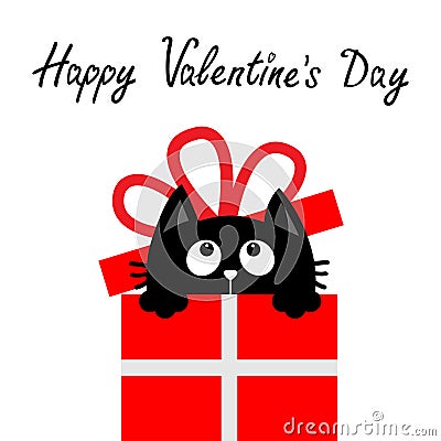 Happy Valentines Day. Cat inside red giftbox with bow. Cute cartoon kawaii funny animal. Kitten looking up. Kitty holding gift Vector Illustration