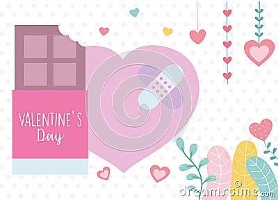 Happy valentines day, chocolate bar and broken heart bandage aid hearts leaves decoration Vector Illustration