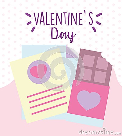 Happy valentines day, chocolate bar and message letter dots background Vector Illustration