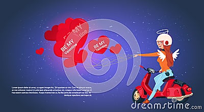 Happy Valentines Day Concept Woman Cupid Riding Retro Motor Bike Holding Heart Shaped Air Balloons Vector Illustration