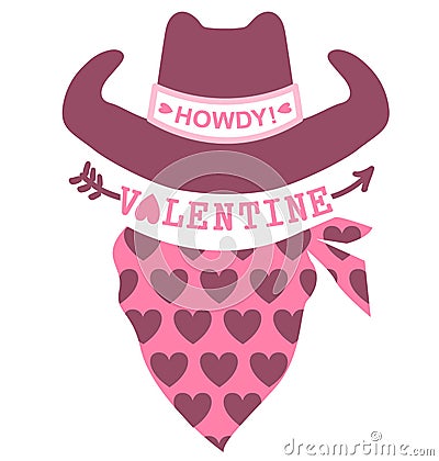 Happy Valentines day Country Farm with Cowboy hat and bandanna text decoration. Pink vector illustration Howdy Valentine Vector Illustration