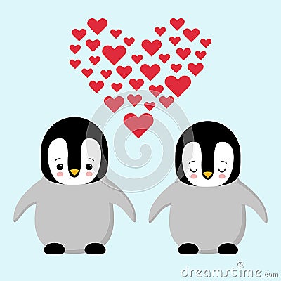 Happy Valentines day couple in love penguins. Penguin holding a heart. Plush toys penguin with heart. Kawaii Cartoon Illustration