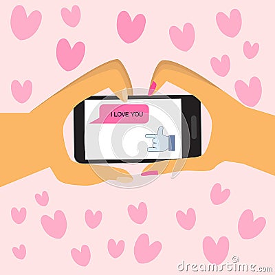 Happy Valentines day .Couples hold smart phone with love hand si Vector Illustration