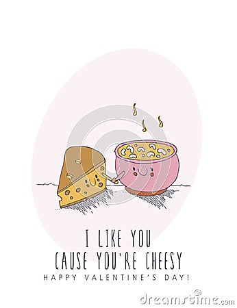 Happy Valentines day creative vector greeting card with cute character in line art style. Love poster with cheese and saucepan Vector Illustration