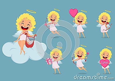 Cupid girl, cute cartoon character, set Vector Illustration