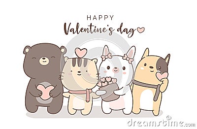 Happy valentines day with cute animal cartoon hand drawn style.vector Vector Illustration