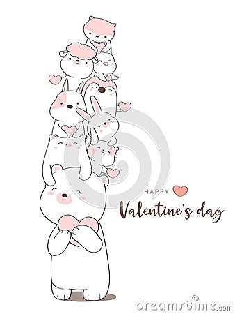 Happy valentines day with cute animal cartoon hand drawn style Vector Illustration