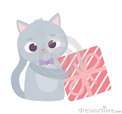 Happy valentines day, cute animals gray cat with gift box Vector Illustration