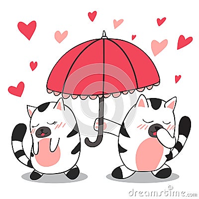 Happy Valentines Day of cute cat is umbrella for the other cat with love Vector Illustration