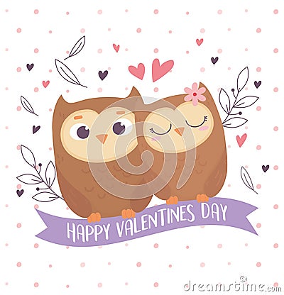 Happy valentines day cute couple owls heart love floral decoration Vector Illustration