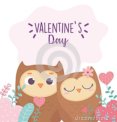 Happy valentines day, cute couple owls hearts love foliage Vector Illustration