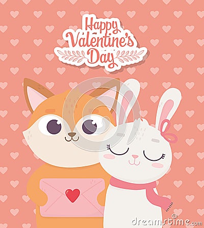Happy valentines day, cute fox with envelope letter and rabbit with scarf and hearts decoration Vector Illustration