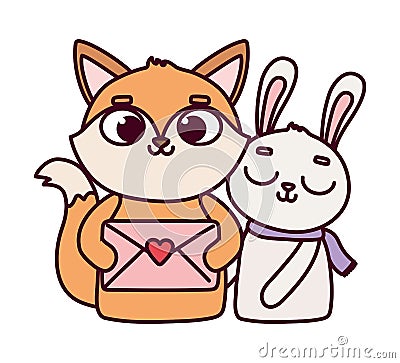 Happy valentines day, cute fox with envelope letter and rabbit with scarf love Vector Illustration