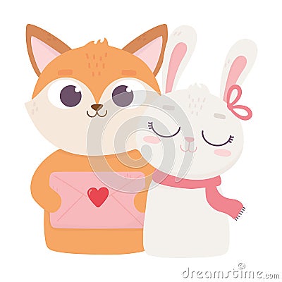 Happy valentines day, cute fox with envelope letter and rabbit with scarf love Vector Illustration