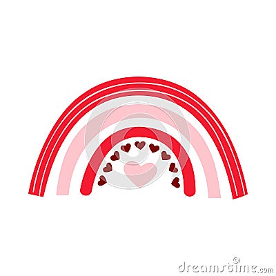 Happy Valentines Day cute rainbow. Cartoon rainbow with red hearts. Vector Illustration