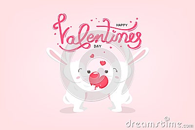 Happy Valentines day, cute white bunny gives a heart, typography greeting card with handwritten calligraphy, holiday background Vector Illustration