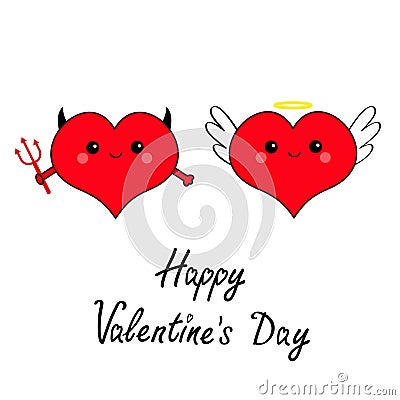 Happy Valentines day. Devil Angel Evil amour. Red heart Vector Illustration