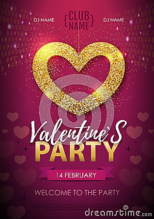 Happy Valentines day disco party poster. Golden sparkle love heart Vector Illustration