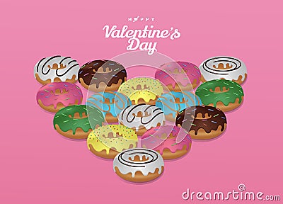 Happy valentines day with donut heart pink background Vector Illustration