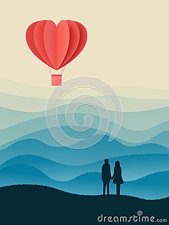 Happy valentines day double exposure vector illustration with paper cut red heart shape origami made hot air balloons flying in sk Vector Illustration