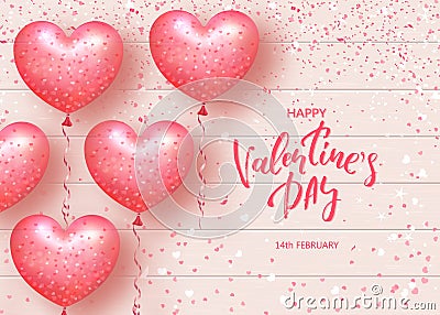 Happy Valentines Day Festive Card. Beautiful Background with heart shaped air balloons on Wooden Texture. Vector Vector Illustration