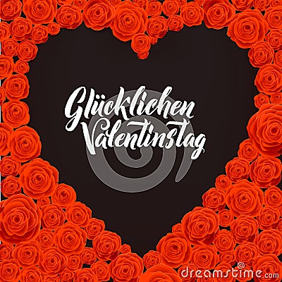 Happy Valentines Day German Language Card. Black Heart Shape on Rose Flowers Background. Vector Illustration