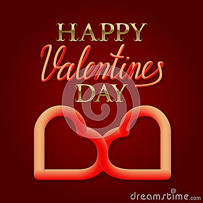 Happy Valentines Day golden and fluid 3d text with symbol of two connected hearts for greeting card design Vector Illustration