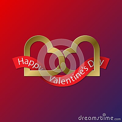 Happy Valentines Day golden symbol of two connected hearts with red ribbon. Creative emblem for greeting card design Vector Illustration