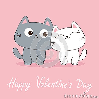 Happy Valentines Day. Gray white cat set. Love couple sitting kittens. Cute cartoon funny kitty character. Kawaii animal in love. Vector Illustration
