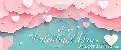 Happy valentines day greeting background in papercut realistic style. Paper hearts, clouds and pearls on string. Pink Vector Illustration