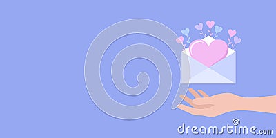 Happy Valentines day greeting banner. Hand holding envelope with big heart inside and hearts on stems around Cartoon Illustration