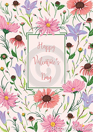 Happy valentines day. Greeting card with bluebells and chamomile flowers. Rustic romantic floral background. Vector Illustration