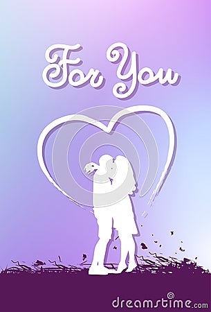 Happy Valentines Day Greeting Card Creative Lettering And White Couple Silhouette Kissing Over Violet Background Vector Illustration