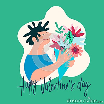 Happy Valentines Day greeting card with hand drawn man or woman with a bouquet of flowers Stock Photo