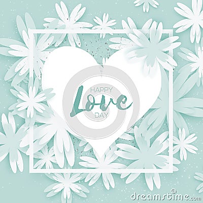 Happy Valentines Day Greeting card. Paper cut flower. Heart frame Vector Illustration