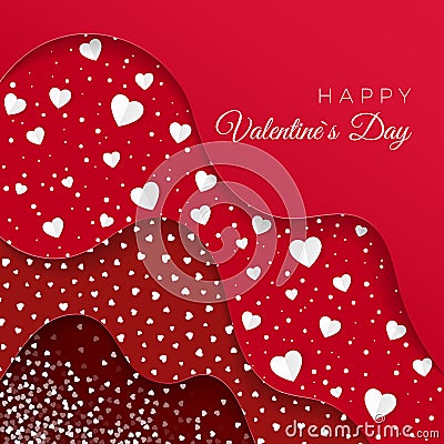 Happy Valentines Day greeting card. Red Layers with different Decorative Elements. Paper White Hearts. Romantic Weeding Design. Vector Illustration
