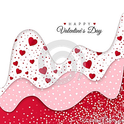 Happy Valentines Day greeting card. Red Wavy Layers Decorated White Hearts. Romantic Weeding Design. Vector Illustration