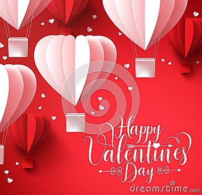 Happy valentines day greetings with paper cut heart shape balloons flying Vector Illustration