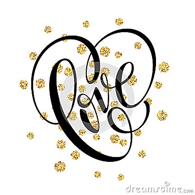 Happy Valentines Day hand lettering, with golden glitter . Vector illustration Vector Illustration