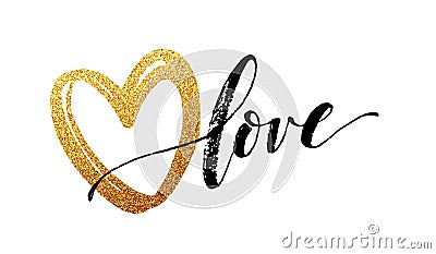 Happy Valentines Day hand lettering, with golden glitter . Vector illustration Vector Illustration