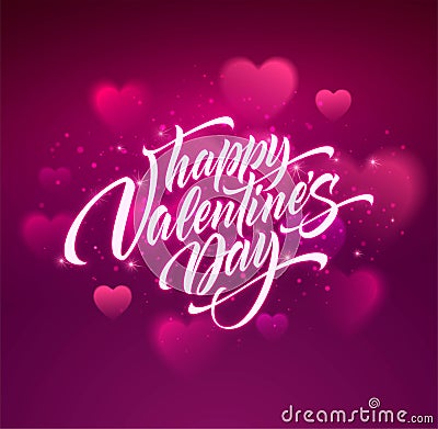 Happy valentines day handwritten text on blurred heart background. Vector illustration Vector Illustration